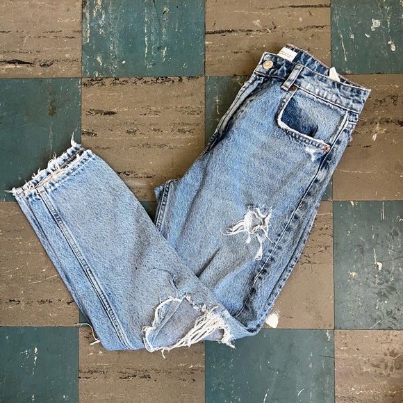 Zara Denim - Zara Light Wash Distressed High Rise Straight Leg Jeans